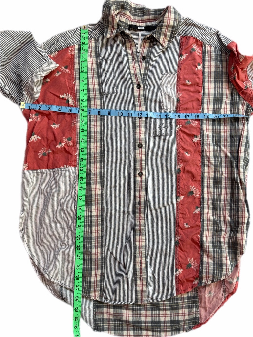 Free People All Patched Up Button Down Shirt Patchwork Plaid Floral Oversized M - Picture 13 of 15